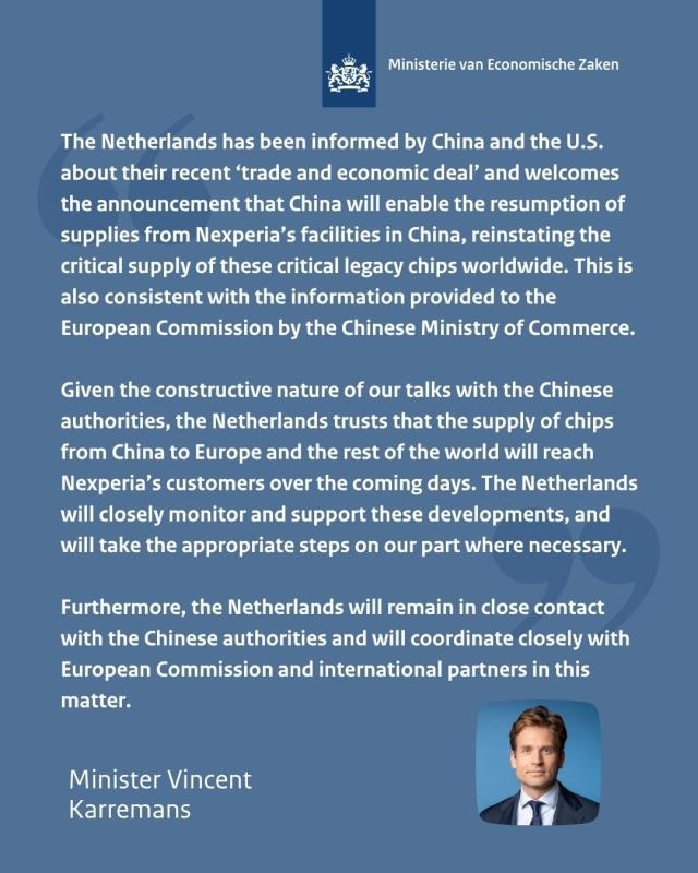 荷蘭政府相信，安世半導體中國廠房生產的晶片，將在幾天內交付全球客戶。荷蘭政府圖片。