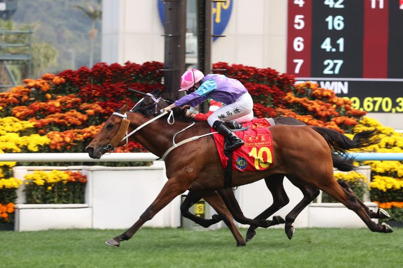 告東尼訓練、鍾易禮策騎的「桃花開」勝出馬年盃，為新一年取得一個好頭綵。 （馬會提供）