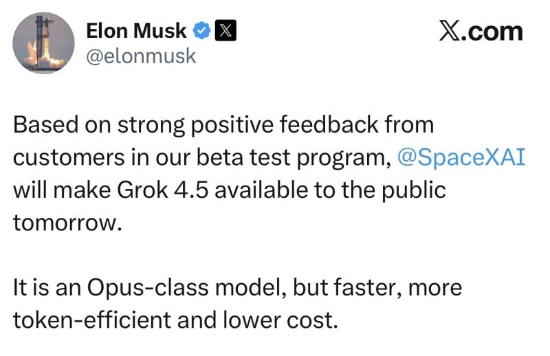 SpaceX AI明起向公眾開放Grok 4.5。馬斯克社交平台截圖。