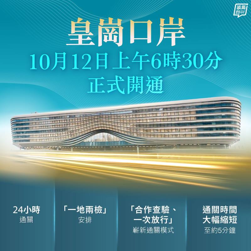 新皇崗口岸下周一早上6時30分開通，將實施「一地兩檢」安排，並採用「合作查驗、一次放行」嶄新通關模式。添馬台FB圖片。